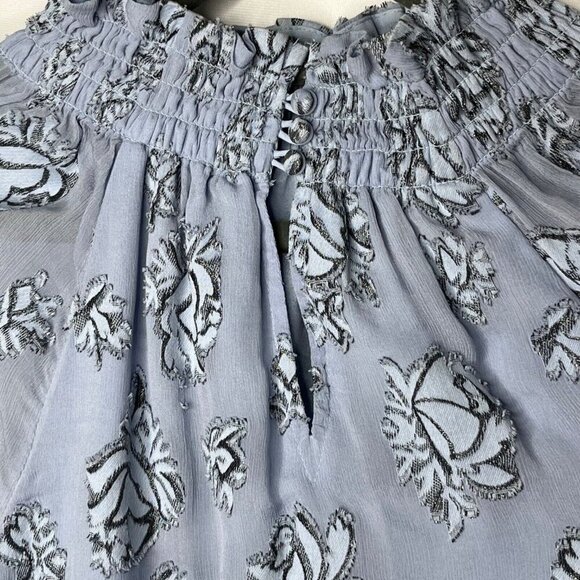 Rebecca Taylor Smocked Neck Silk Blend Rose Print Blouse‎ Light Blue Metallic 10 - Picture 7 of 11